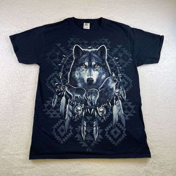 Y2K Native Dream Catcher Wolf Print T Shirt Black Medium Hanes HD Cotton Tag Wil - Picture 1 of 10